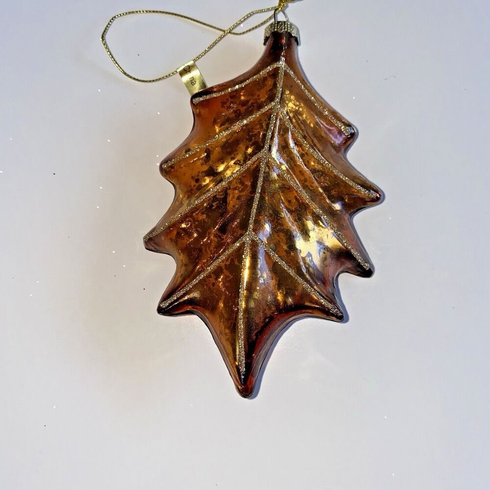 Glass Glitter Orange see through Leaf Ornament size 6 inches